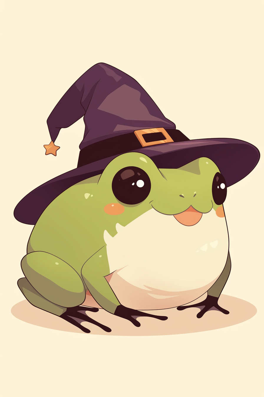 Halloween frog drawing ideas 2 featuring a cute frog wearing a witch hat with a star at the tip, sitting on a light background.